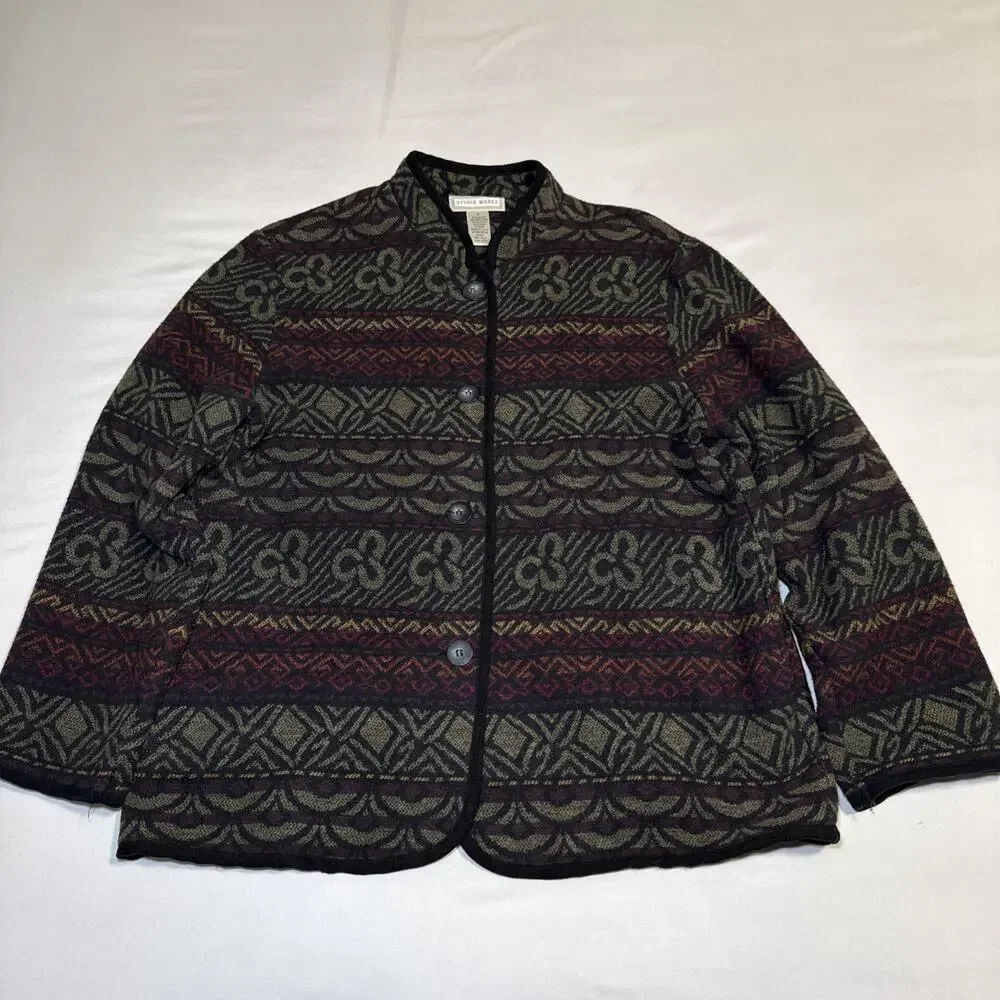 VTG Studio Works Womens Lg Knit Blazer Cardigan Southwestern Boho Aztec EUC